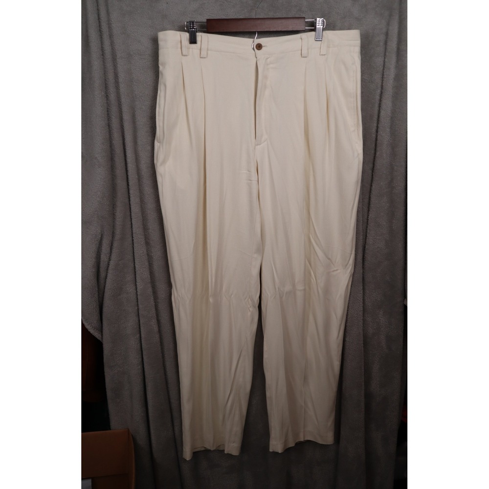 Caribbean Mens 38x32 Cream 100% Silk Herringbone Pleated Dress Pants Trousers